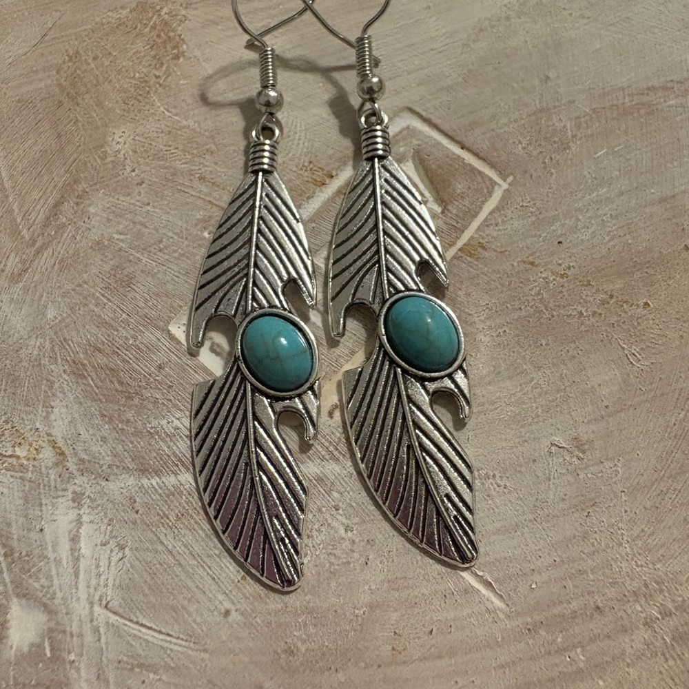 Silver Feather Earrings with Turquoise Accents